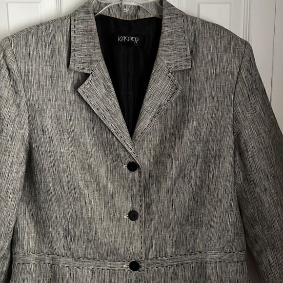 ‎KASPER 100% LINEN GREY/BLACK 3/4 SLEEVE BLAZER SIZE 18 - Picture 2 of 13